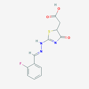 molecular formula C12H10FN3O3S B392631 2-[2-[(2E)-2-[(2-fluorophenyl)methylidene]hydrazinyl]-4-oxo-1,3-thiazol-5-yl]acetic acid 