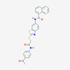 molecular formula C28H21N3O3S2 B392698 N-(2-{[2-(4-acetylanilino)-2-oxoethyl]sulfanyl}-1,3-benzothiazol-6-yl)-1-naphthamide 