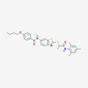 molecular formula C30H33N3O3S2 B392700 4-butoxy-N-(2-{[2-(mesitylamino)-1-methyl-2-oxoethyl]sulfanyl}-1,3-benzothiazol-6-yl)benzamide 