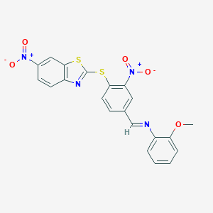 molecular formula C21H14N4O5S2 B392701 6-Nitro-2-[(2-nitro-4-{[(2-methoxyphenyl)imino]methyl}phenyl)sulfanyl]-1,3-benzothiazole 