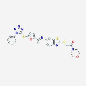 molecular formula C25H21N7O3S3 B392705 1-(morpholin-4-yl)-2-[(6-{[(E)-{5-[(1-phenyl-1H-tetrazol-5-yl)sulfanyl]furan-2-yl}methylidene]amino}-1,3-benzothiazol-2-yl)sulfanyl]ethanone 