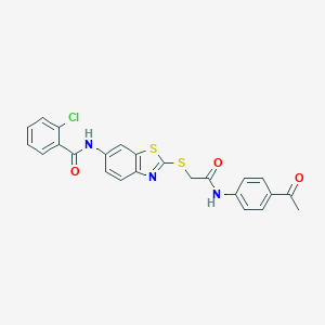molecular formula C24H18ClN3O3S2 B392716 N-(2-{[2-(4-acetylanilino)-2-oxoethyl]sulfanyl}-1,3-benzothiazol-6-yl)-2-chlorobenzamide 