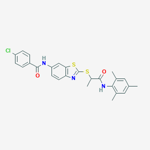 molecular formula C26H24ClN3O2S2 B392721 4-chloro-N-(2-{[2-(mesitylamino)-1-methyl-2-oxoethyl]sulfanyl}-1,3-benzothiazol-6-yl)benzamide 
