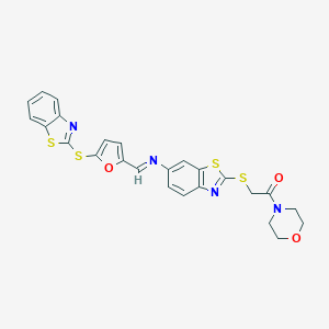 molecular formula C25H20N4O3S4 B392741 2-{[6-({(E)-[5-(1,3-benzothiazol-2-ylsulfanyl)furan-2-yl]methylidene}amino)-1,3-benzothiazol-2-yl]sulfanyl}-1-(morpholin-4-yl)ethanone 