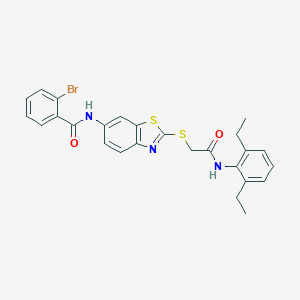 molecular formula C26H24BrN3O2S2 B392771 2-bromo-N-(2-{[2-(2,6-diethylanilino)-2-oxoethyl]sulfanyl}-1,3-benzothiazol-6-yl)benzamide 