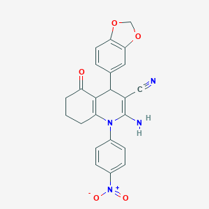 molecular formula C23H18N4O5 B392779 2-Amino-4-(1,3-benzodioxol-5-yl)-1-(4-nitrophenyl)-5-oxo-1,4,5,6,7,8-hexahydro-3-quinolinecarbonitrile 