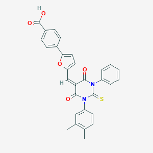 molecular formula C30H22N2O5S B392812 4-(5-{[(5E)-1-(3,4-DIMETHYLPHENYL)-4,6-DIOXO-3-PHENYL-2-SULFANYLIDENE-1,3-DIAZINAN-5-YLIDENE]METHYL}FURAN-2-YL)BENZOIC ACID 