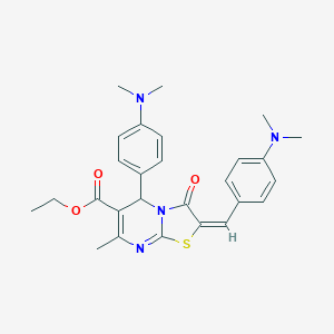 molecular formula C27H30N4O3S B392832 (E)-ethyl 2-(4-(dimethylamino)benzylidene)-5-(4-(dimethylamino)phenyl)-7-methyl-3-oxo-3,5-dihydro-2H-thiazolo[3,2-a]pyrimidine-6-carboxylate CAS No. 154867-12-6