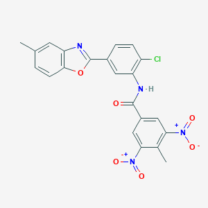 molecular formula C22H15ClN4O6 B392842 N-[2-chloro-5-(5-methyl-1,3-benzoxazol-2-yl)phenyl]-4-methyl-3,5-dinitrobenzamide 