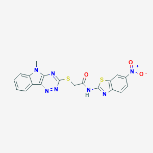 molecular formula C19H13N7O3S2 B392849 2-[(5-methyl-5H-[1,2,4]triazino[5,6-b]indol-3-yl)sulfanyl]-N-(6-nitro-1,3-benzothiazol-2-yl)acetamide 
