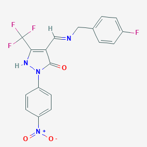 molecular formula C18H12F4N4O3 B392860 4-{[(4-fluorobenzyl)imino]methyl}-2-(4-nitrophenyl)-5-(trifluoromethyl)-1,2-dihydro-3H-pyrazol-3-one 