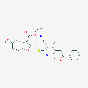 molecular formula C28H24N2O5S B392878 Ethyl 2-({[3-cyano-4,6-dimethyl-5-(2-oxo-2-phenylethyl)-2-pyridinyl]sulfanyl}methyl)-5-hydroxy-1-benzofuran-3-carboxylate 