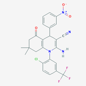 molecular formula C25H20ClF3N4O3 B392910 2-Amino-1-[2-chloro-5-(trifluoromethyl)phenyl]-4-{3-nitrophenyl}-7,7-dimethyl-5-oxo-1,4,5,6,7,8-hexahydro-3-quinolinecarbonitrile 