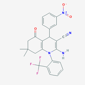 molecular formula C25H21F3N4O3 B392942 2-Amino-7,7-dimethyl-4-(3-nitrophenyl)-5-oxo-1-[2-(trifluoromethyl)phenyl]-1,4,5,6,7,8-hexahydro-3-quinolinecarbonitrile 