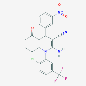 molecular formula C23H16ClF3N4O3 B392971 2-Amino-1-[2-chloro-5-(trifluoromethyl)phenyl]-4-(3-nitrophenyl)-5-oxo-1,4,5,6,7,8-hexahydro-3-quinolinecarbonitrile 