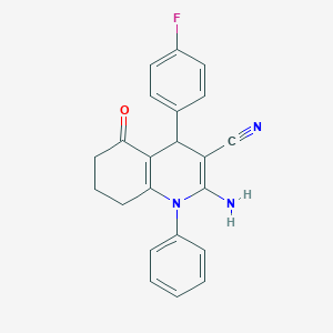 molecular formula C22H18FN3O B392977 2-Amino-4-(4-fluorophenyl)-5-oxo-1-phenyl-1,4,5,6,7,8-hexahydro-3-quinolinecarbonitrile 