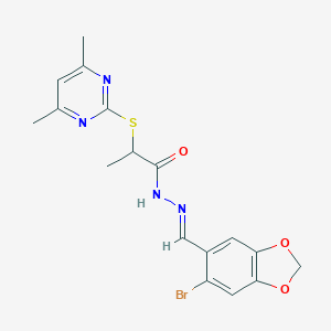 molecular formula C17H17BrN4O3S B393004 N'-[(6-bromo-1,3-benzodioxol-5-yl)methylene]-2-[(4,6-dimethyl-2-pyrimidinyl)sulfanyl]propanohydrazide 