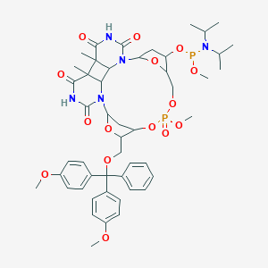 molecular formula C49H63N5O15P2 B039301 16-[[Bis(4-methoxyphenyl)-phenylmethoxy]methyl]-23-[[di(propan-2-yl)amino]-methoxyphosphanyl]oxy-19-methoxy-6,9-dimethyl-19-oxo-15,18,20,25-tetraoxa-2,4,11,13-tetraza-19lambda5-phosphahexacyclo[20.2.1.114,17.02,7.06,9.08,13]hexacosane-3,5,10,12-tetrone CAS No. 118187-67-0