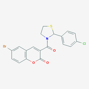 molecular formula C19H13BrClNO3S B393013 6-bromo-3-{[2-(4-chlorophenyl)-1,3-thiazolidin-3-yl]carbonyl}-2H-chromen-2-one 