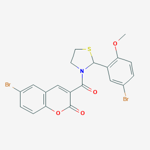 molecular formula C20H15Br2NO4S B393085 6-bromo-3-{[2-(5-bromo-2-methoxyphenyl)-1,3-thiazolidin-3-yl]carbonyl}-2H-chromen-2-one 