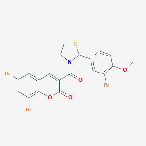 molecular formula C20H14Br3NO4S B393100 6,8-dibromo-3-{[2-(3-bromo-4-methoxyphenyl)-1,3-thiazolidin-3-yl]carbonyl}-2H-chromen-2-one 