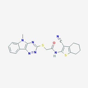 molecular formula C21H18N6OS2 B393113 N-(3-cyano-4,5,6,7-tetrahydro-1-benzothien-2-yl)-2-[(5-methyl-5H-[1,2,4]triazino[5,6-b]indol-3-yl)sulfanyl]acetamide 