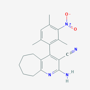 molecular formula C20H22N4O2 B393119 2-amino-4-{3-nitro-2,4,6-trimethylphenyl}-6,7,8,9-tetrahydro-5H-cyclohepta[b]pyridine-3-carbonitrile 