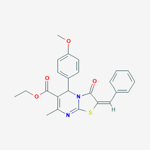 molecular formula C24H22N2O4S B393144 ethyl 2-benzylidene-5-(4-methoxyphenyl)-7-methyl-3-oxo-2,3-dihydro-5H-[1,3]thiazolo[3,2-a]pyrimidine-6-carboxylate 