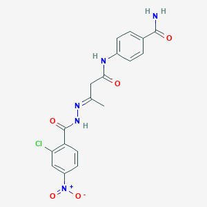 4-{[(3E)-3-{2-[(2-chloro-4-nitrophenyl)carbonyl]hydrazinylidene}butanoyl]amino}benzamide