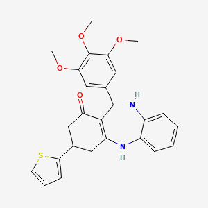 molecular formula C26H26N2O4S B3931562 3-(2-thienyl)-11-(3,4,5-trimethoxyphenyl)-2,3,4,5,10,11-hexahydro-1H-dibenzo[b,e][1,4]diazepin-1-one 