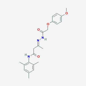 (3E)-3-{2-[(4-methoxyphenoxy)acetyl]hydrazinylidene}-N-(2,4,6-trimethylphenyl)butanamide
