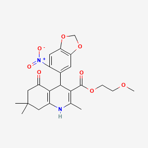 molecular formula C23H26N2O8 B3932109 2-methoxyethyl 2,7,7-trimethyl-4-(6-nitro-1,3-benzodioxol-5-yl)-5-oxo-1,4,5,6,7,8-hexahydro-3-quinolinecarboxylate 