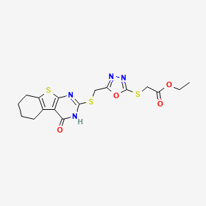 molecular formula C17H18N4O4S3 B3932122 ethyl [(5-{[(4-oxo-3,4,5,6,7,8-hexahydro[1]benzothieno[2,3-d]pyrimidin-2-yl)thio]methyl}-1,3,4-oxadiazol-2-yl)thio]acetate 