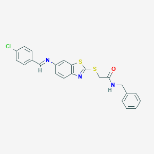 molecular formula C23H18ClN3OS2 B393244 N-benzyl-2-({6-[(4-chlorobenzylidene)amino]-1,3-benzothiazol-2-yl}sulfanyl)acetamide 