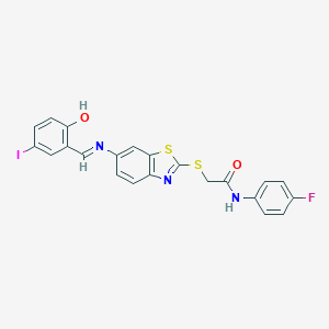 molecular formula C22H15FIN3O2S2 B393247 N-(4-fluorophenyl)-2-({6-[(2-hydroxy-5-iodobenzylidene)amino]-1,3-benzothiazol-2-yl}sulfanyl)acetamide 