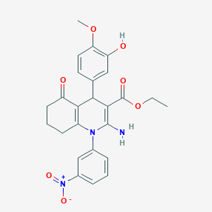 molecular formula C25H25N3O7 B393260 Ethyl 2-amino-4-(3-hydroxy-4-methoxyphenyl)-1-(3-nitrophenyl)-5-oxo-1,4,5,6,7,8-hexahydro-3-quinolinecarboxylate 