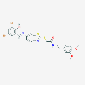 molecular formula C26H23Br2N3O4S2 B393317 2-[(6-{[(E)-(3,5-dibromo-2-hydroxyphenyl)methylidene]amino}-1,3-benzothiazol-2-yl)sulfanyl]-N-[2-(3,4-dimethoxyphenyl)ethyl]acetamide 