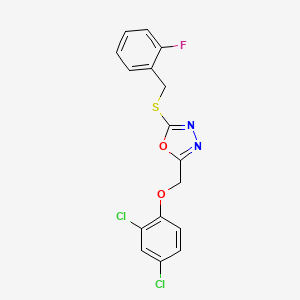 molecular formula C16H11Cl2FN2O2S B3933301 2-[(2,4-dichlorophenoxy)methyl]-5-[(2-fluorobenzyl)thio]-1,3,4-oxadiazole 