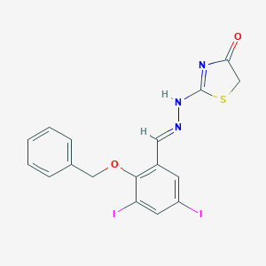 molecular formula C17H13I2N3O2S B393348 2-[(2E)-2-[(3,5-diiodo-2-phenylmethoxyphenyl)methylidene]hydrazinyl]-1,3-thiazol-4-one 