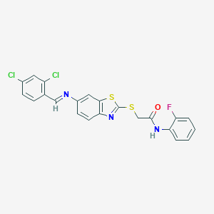 molecular formula C22H14Cl2FN3OS2 B393358 2-({6-[(2,4-dichlorobenzylidene)amino]-1,3-benzothiazol-2-yl}sulfanyl)-N-(2-fluorophenyl)acetamide 