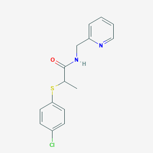 molecular formula C15H15ClN2OS B3933680 2-[(4-chlorophenyl)thio]-N-(2-pyridinylmethyl)propanamide 