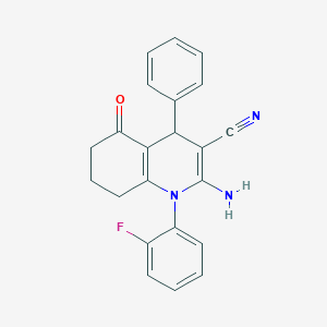 molecular formula C22H18FN3O B393385 2-Amino-1-(2-fluorophenyl)-5-oxo-4-phenyl-1,4,5,6,7,8-hexahydro-3-quinolinecarbonitrile 