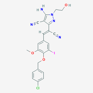 molecular formula C23H19ClIN5O3 B393391 5-amino-3-(2-{4-[(4-chlorobenzyl)oxy]-3-iodo-5-methoxyphenyl}-1-cyanovinyl)-1-(2-hydroxyethyl)-1H-pyrazole-4-carbonitrile 