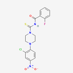 molecular formula C18H16ClFN4O3S B3934105 N-{[4-(2-chloro-4-nitrophenyl)-1-piperazinyl]carbonothioyl}-2-fluorobenzamide 