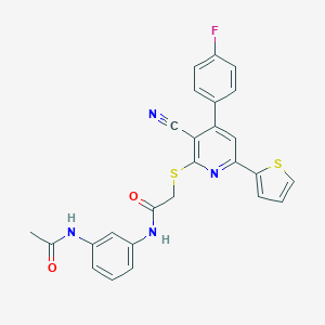 molecular formula C26H19FN4O2S2 B393493 N-[3-(acetylamino)phenyl]-2-{[3-cyano-4-(4-fluorophenyl)-6-(2-thienyl)-2-pyridinyl]sulfanyl}acetamide 