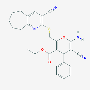 molecular formula C27H26N4O3S B393500 ethyl 6-amino-5-cyano-2-[(3-cyano-6,7,8,9-tetrahydro-5H-cyclohepta[b]pyridin-2-yl)sulfanylmethyl]-4-phenyl-4H-pyran-3-carboxylate CAS No. 336180-72-4