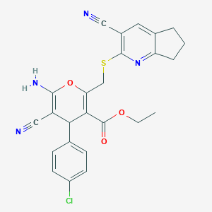 molecular formula C25H21ClN4O3S B393501 ethyl 6-amino-4-(4-chlorophenyl)-5-cyano-2-[(3-cyano-6,7-dihydro-5H-cyclopenta[b]pyridin-2-yl)sulfanylmethyl]-4H-pyran-3-carboxylate CAS No. 329739-46-0