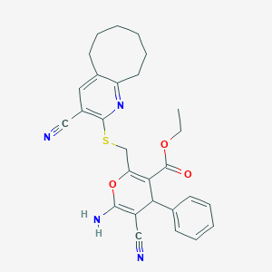 molecular formula C28H28N4O3S B393502 ethyl 6-amino-5-cyano-2-[(3-cyano-5,6,7,8,9,10-hexahydrocycloocta[b]pyridin-2-yl)sulfanylmethyl]-4-phenyl-4H-pyran-3-carboxylate CAS No. 339163-47-2