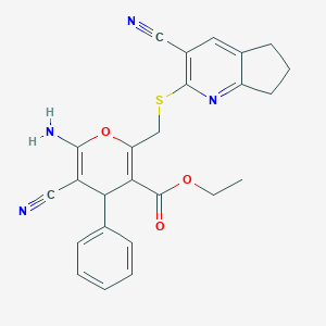 molecular formula C25H22N4O3S B393506 ethyl 6-amino-5-cyano-2-[(3-cyano-6,7-dihydro-5H-cyclopenta[b]pyridin-2-yl)sulfanylmethyl]-4-phenyl-4H-pyran-3-carboxylate CAS No. 328068-80-0