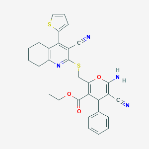 molecular formula C30H26N4O3S2 B393532 ethyl 6-amino-5-cyano-2-({[3-cyano-4-(2-thienyl)-5,6,7,8-tetrahydro-2-quinolinyl]sulfanyl}methyl)-4-phenyl-4H-pyran-3-carboxylate 
